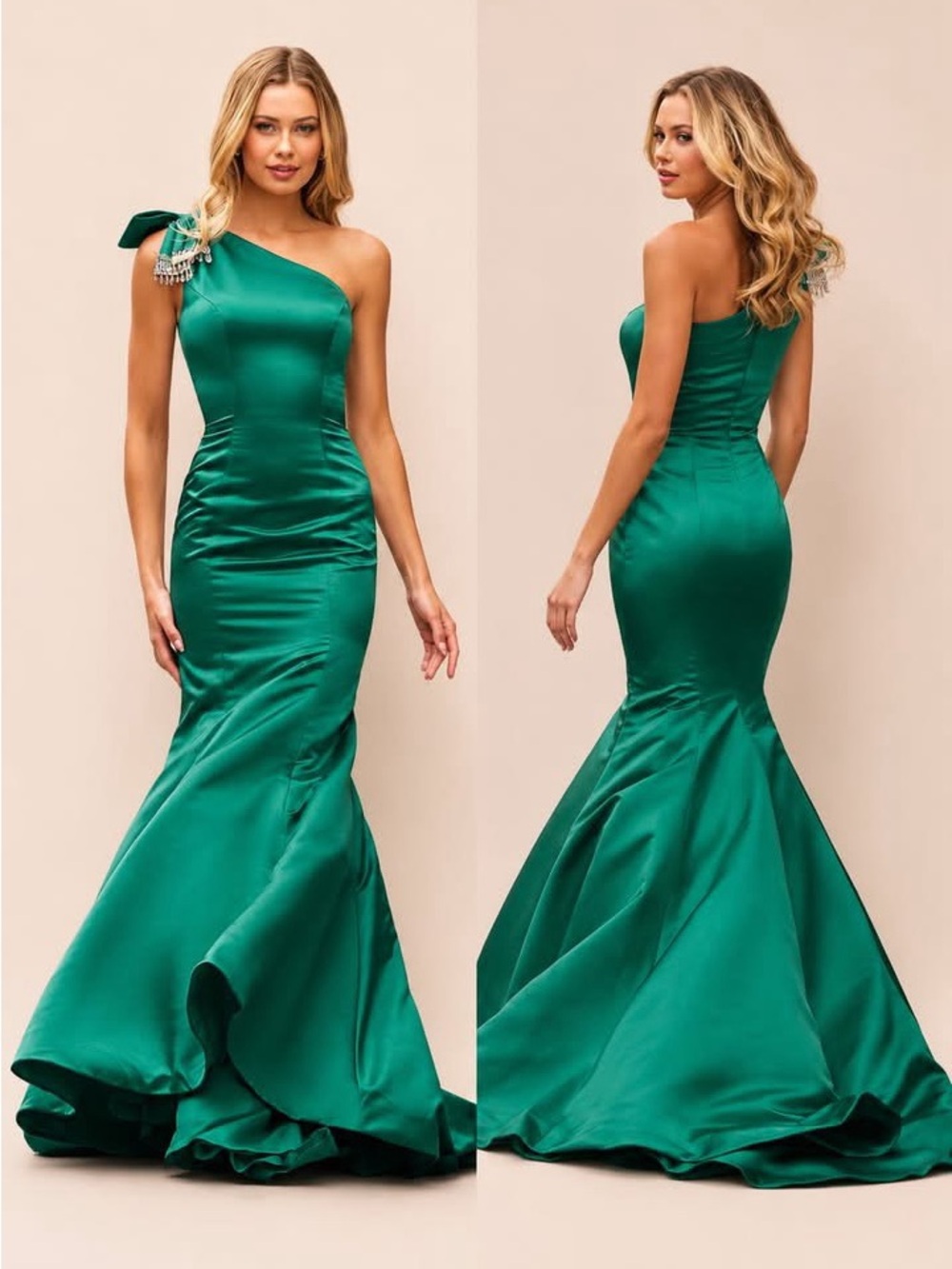 Sherri Hill Emerald One-Shoulder Satin Mermaid Gown with Bow